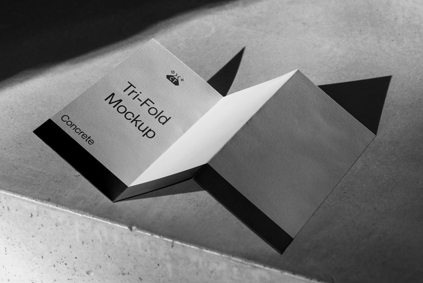 Trifold brochure mockup in elegant black and white, showcasing a professional design presentation with shadows on concrete texture.